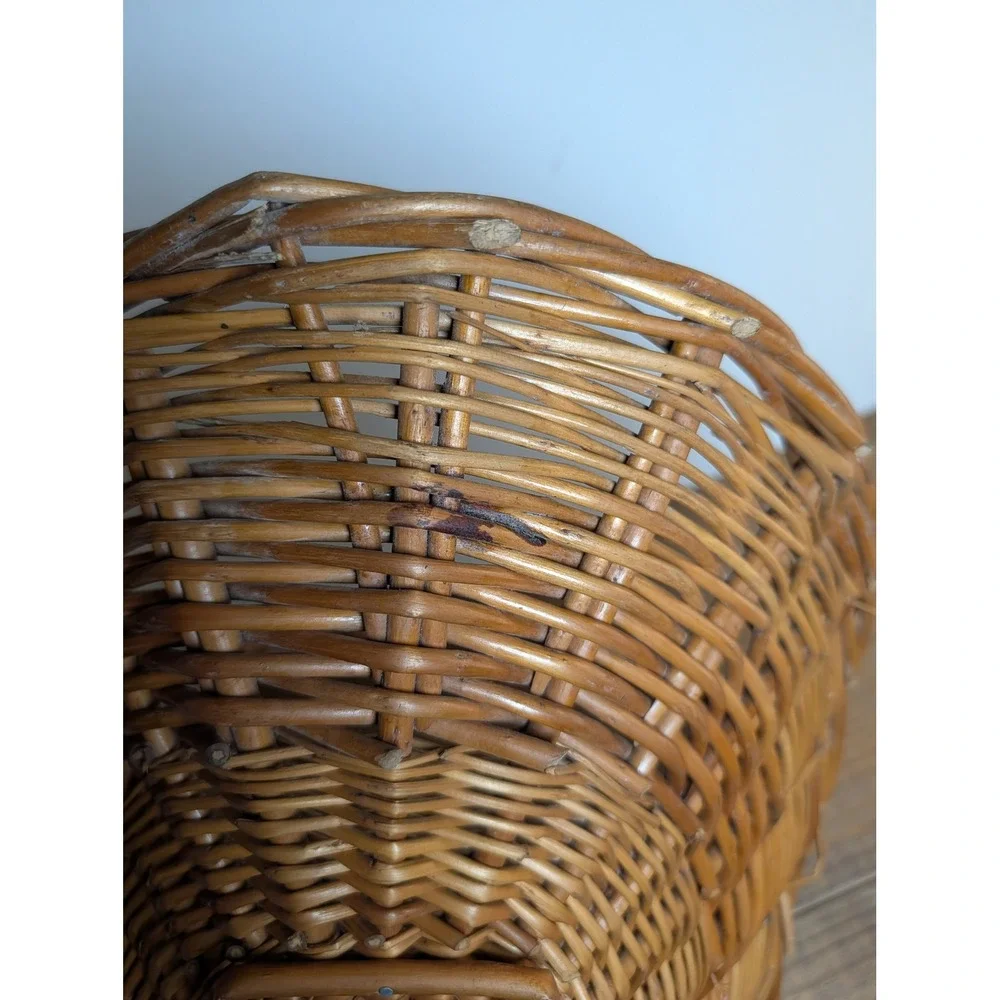 Vintage Woven Wicker Flower Gathering Basket Garden Trug Braided Handle Farm
